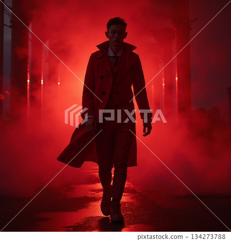 AI generated Solitary silhouette strides across wet pavement in neonlit mysterious AI generated Solitary silhouette strides across wet pavement in neonlit mysterious 134273788