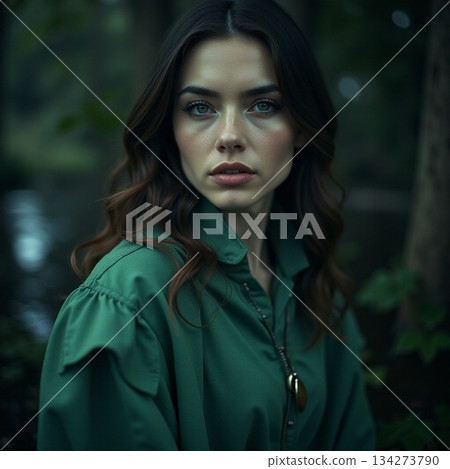AI generated Contemplative woman standing beneath trees adorned with timeless vintage AI generated Contemplative woman standing beneath trees adorned with timeless vintage 134273790