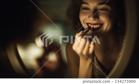 Close-Up of Lipstick Application with Mirror Reflection in Warm Light Close-Up of Lipstick Application with Mirror Reflection in Warm Light 134273900