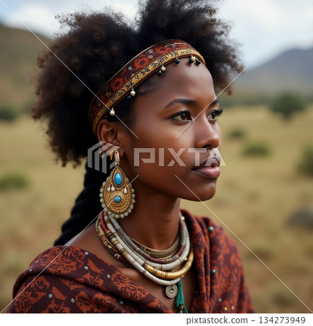 AI generated Serene indigenous woman dressed in cultural attire gazes across open AI generated Serene indigenous woman dressed in cultural attire gazes across open 134273949