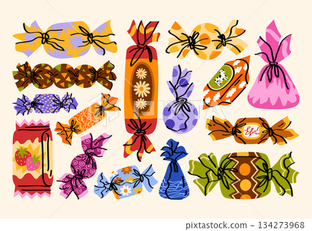 Set of illustrations of various candies with colorful wrappers in a hand drawn cartoon style. Vintage flat collection of sweets. Dessert, treat, sweet holiday food. Sugar snack, confectionery concept. Set of illustrations of various candies with colorful wrappers in a hand drawn cartoon style. Vintage flat collection of sweets. Dessert, treat, sweet holiday food. Sugar snack, confectionery concept. 134273968