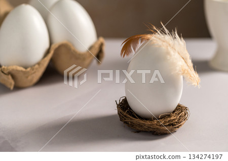 Easter holiday. White egg in a nest with a feather, bright minimalistic background Easter holiday. White egg in a nest with a feather, bright minimalistic background 134274197