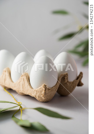 Easter spring background. Eggs in egg box with eucalyptus leaves. Minimalistic Easter spring background. Eggs in egg box with eucalyptus leaves. Minimalistic 134274215
