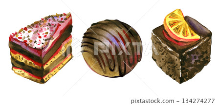 Hand painted watercolor chocolate dessert set with layered cake, chocolate truffle and brownie with citrus. Perfect for Valentine s Day designs, confectionery branding, packaging, menus, invitations 134274277