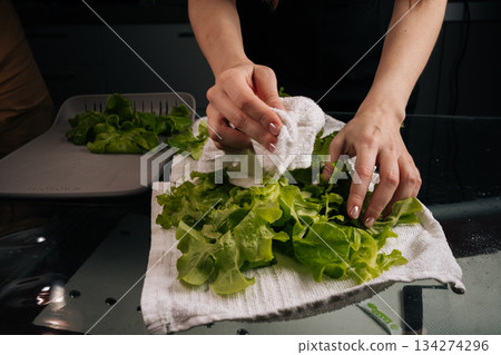Close-up cropped shot of unrecognizable woman drying fresh green lettuce on clean white towel, preparing ingredients for healthy salad or dish.at home kitchen. Concept of healthy lifestyle. Close-up cropped shot of unrecognizable woman drying fresh green lettuce on clean white towel, preparing ingredients for healthy salad or dish.at home kitchen. Concept of healthy lifestyle. 134274296