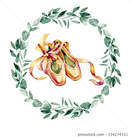 Elegant watercolor wreath with soft eucalyptus leaves framing delicate ballet shoes with long satin ribbons. A graceful and romantic composition perfect for invitations, dance-themed decor and Elegant watercolor wreath with soft eucalyptus leaves framing delicate ballet shoes with long satin ribbons. A graceful and romantic composition perfect for invitations, dance-themed decor and 134274331