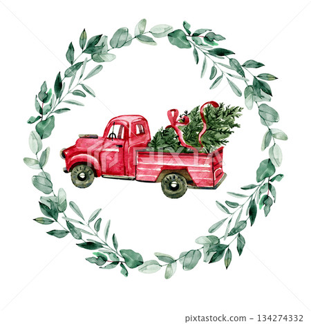 Charming watercolor wreath of eucalyptus leaves with a vintage red truck carrying a festive Christmas tree and ribbons. Cozy winter holiday illustration ideal for cards, d cor, prints and seasonal Charming watercolor wreath of eucalyptus leaves with a vintage red truck carrying a festive Christmas tree and ribbons. Cozy winter holiday illustration ideal for cards, d cor, prints and seasonal 134274332