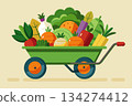 Colorful wheelbarrow with vegetables. Cartoon vector illustration 134274412
