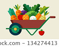 Colorful wheelbarrow with vegetables. Cartoon vector illustration 134274413
