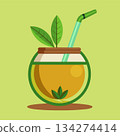 Yerba mate with straw. Traditional beverage from South America with leaves. Cartoon vector illustration 134274414