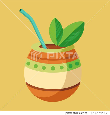 Yerba mate with straw. South America beverage with leaves. Cartoon vector illustration 134274417