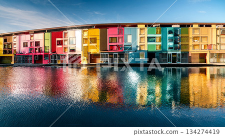 水邊的色彩城市景觀插圖 水邊的色彩城市景觀插圖 134274419