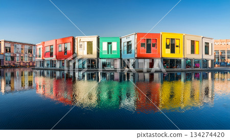 水邊的色彩城市景觀插圖 134274420