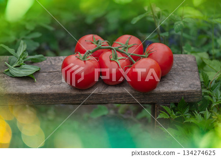 Round red tomatoes. Tomatoes in a basket on the old wooden table. Fresh tomatoes on rustic wooden background. 134274625