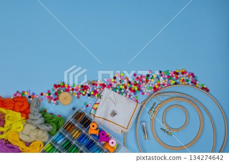 Materials and tools for making handmade embroidery. Embroidery and cross stitch accessories. 134274642