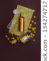 Composition in gold colors flat lay. Gilding art theme concept  top view. 134274717