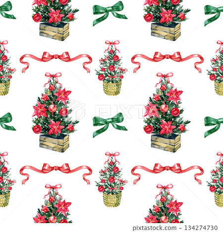 Seamless watercolor Christmas pattern with decorated mini trees, red poinsettias, ornaments, and festive bows. Elegant holiday illustration ideal for gift wrap, textiles, stationery, packaging, and 134274730