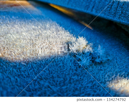 Tiny crystals of frost on textile fibers. Delicate wisps of frost cling to the woven surface. Soft blue highlights and a warm bokeh background. Macro photography of winter textures. 134274792