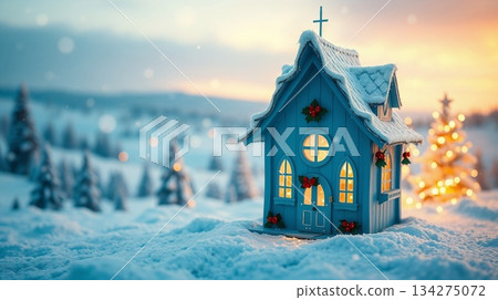 A small house in the snow at Christmas sunset A small house in the snow at Christmas sunset 134275072