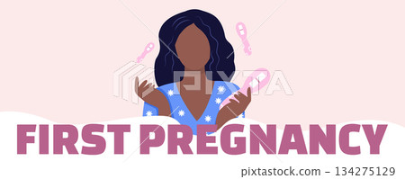 African American woman, teenage girl holding pregnancy test on pink background. Gynecology, pregnancy, motherhood and women health banner illustration banner 134275129