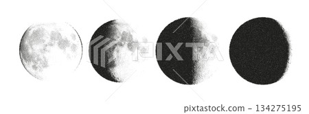 Phases moon, monochrome dotted halftone progression science. Minimal moon phases design circle dots Phases moon, monochrome dotted halftone progression science. Minimal moon phases design circle dots 134275195