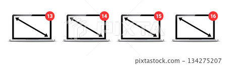Laptop screen size monitor icon. Laptop diagonal inch notebook dimension. Display size design. 134275207