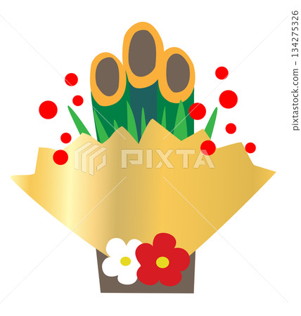 New Year's greeting card with Kadomatsu design, copy space included, transparent background illustration 134275326