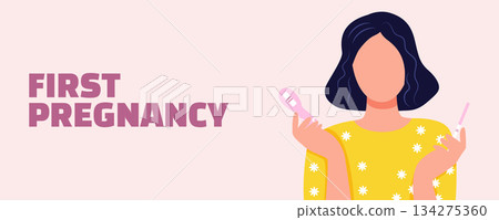 Women health illustration banner about first pregnancy, woman holding pregnancy tests on pink background, motherhood and prenatal care concept Women health illustration banner about first pregnancy, woman holding pregnancy tests on pink background, motherhood and prenatal care concept 134275360