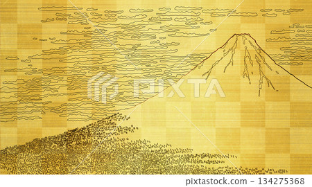 紅色富士浮世繪,金箔屏風背景 紅色富士浮世繪,金箔屏風背景 134275368