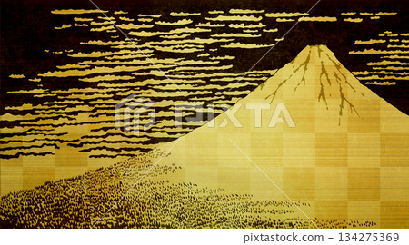 紅色富士浮世繪,金箔屏風背景 紅色富士浮世繪,金箔屏風背景 134275369