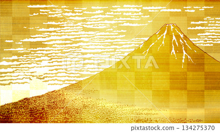 Red Fuji Ukiyo-e with gold leaf screen background 134275370