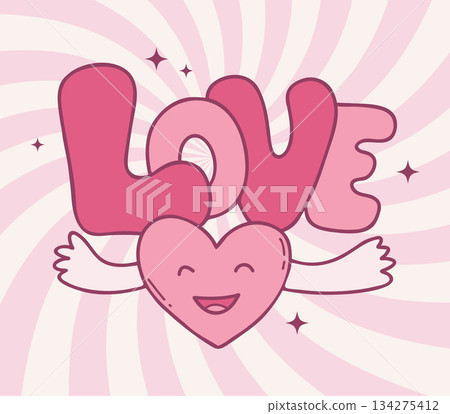 Cute Pink Groovy Heart Character and Love Lettering Doodle. Vector Illustration. Valentines Day Cartoon Design Card. Not AI Cute Pink Groovy Heart Character and Love Lettering Doodle. Vector Illustration. Valentines Day Cartoon Design Card. Not AI 134275412
