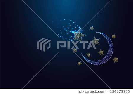 Futuristic glowing crescent moon and stars in blue space background, digital vector illustration Futuristic glowing crescent moon and stars in blue space background, digital vector illustration 134275500