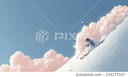 冬季，女滑雪者飛馳而下 | 藍天粉雲 | 令人興奮的冬季運動 134275547