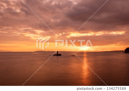 Minamichita Town, the statue of Jōroku Daishi at Seizaki and the sunrise over Chita Bay 134275589