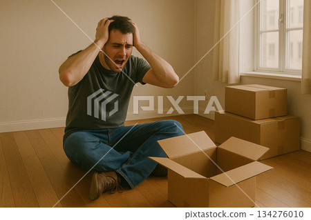 男子搬家遇到困難 | 新生活中的壓力與失敗的圖片素材 134276010