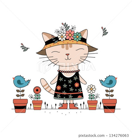A soft and charming illustration of a smiling cat wearing a dress and hat with a floral crown, surrounded by birds and potted plants. Perfect for kids posters, greeting cards, and cozy interior decor 134276063