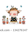 A charming illustration of a cute pig wearing a dress and a floral-decorated hat, standing among potted plants, flowers, and butterflies. Perfect for kids posters, greeting cards, prints, and cozy 134276147