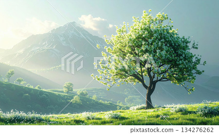 Blossoming tree stands on lush green hill with majestic mountain in background, under clear blue sky 134276262