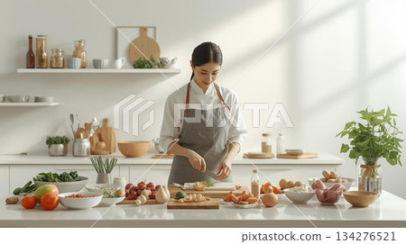 在明亮的廚房裡做飯的年輕女子 134276521