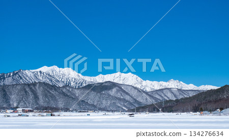 View of the Northern Alps from Omachi City (winter) 134276634