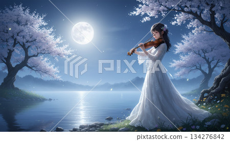 湖岸邊櫻花盛開－滿月之夜，一位女子正在拉小提琴 134276842