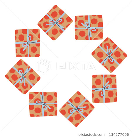 Vector illustration of a circular frame made of gift boxes wrapped with ribbons. A festive and cozy holiday border perfect for Christmas cards, packaging, labels, and seasonal design projects 134277096