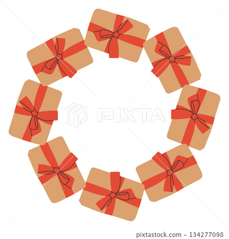 Vector illustration of a circular frame made of gift boxes wrapped with ribbons. A festive and cozy holiday border perfect for Christmas cards, packaging, labels, and seasonal design projects 134277098