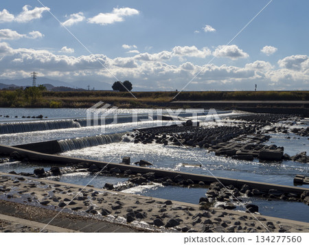 大和川上波光粼粼的柏原水壩 134277560