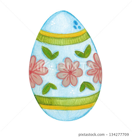 Blue Easter egg with patterns. Hand-drawn watercolor illustration, cartoon. Farm, animals, bird, village, poultry farm, holiday, children, Easter, eggs, celebration, fun, game 134277709