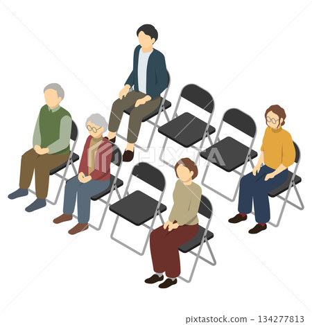 等距插圖:坐在折疊椅上的人(正面) 等距插圖:坐在折疊椅上的人(正面) 134277813