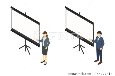 等距視圖：一男一女身著西裝，正在講解如何使用投影儀 134277818
