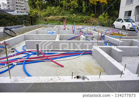 Concrete blocks installed at apartment buildings and construction sites 134277873