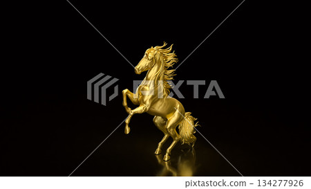 Majestic Golden Rearing Horse Statue on Dark Background 3d render. Majestic Golden Rearing Horse Statue on Dark Background 3d render. 134277926